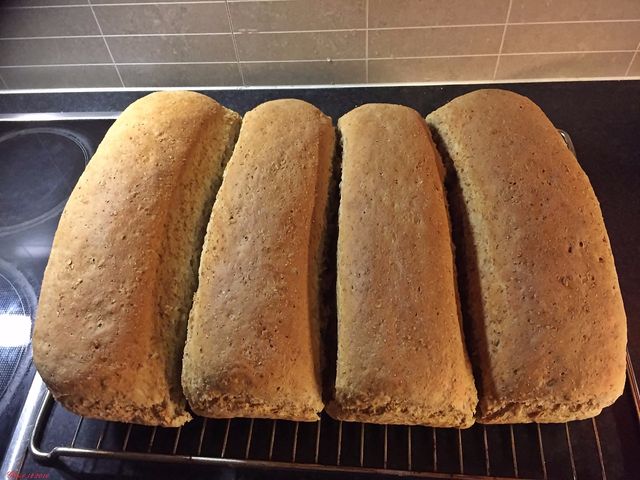 6.12.2016: I dag ble det to ladninger med grovbrød. Samt at jeg bakte enda en runde med horn. Bildet viser de siste brødene jeg bakte. Ca oppskrift: 2 kg. hvetemel, 1/2 kg. grovt sammalt hvetemel, 250 g. grov rugmel, litt solsikkekjerner,1 ts. salt. 2 ts. sukker. 100 g tørrgjær. 1.4 l. lunkent vann. Stek brødene ved 200 gr. i 45-50 minutter. Hvelv dem de siste minuttene, slik at de blir godt stekte i sidene. nam, nam-brød!