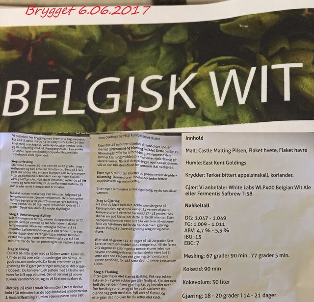 6.6.2017 - Her er oppskriften på Belgisk WIT - for oss blir det Klakken WIT. Dette ølet er lysere enn de andre vi har brygget til nå.